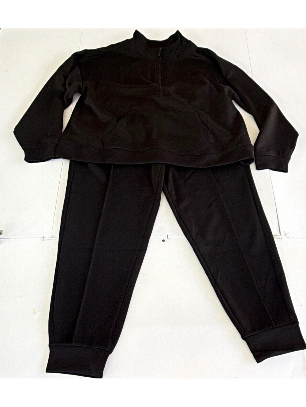 Women's Black 2-Piece Sweatsuit Set 1/4 Zip Mock Neck Sweatshirt + Joggers Large